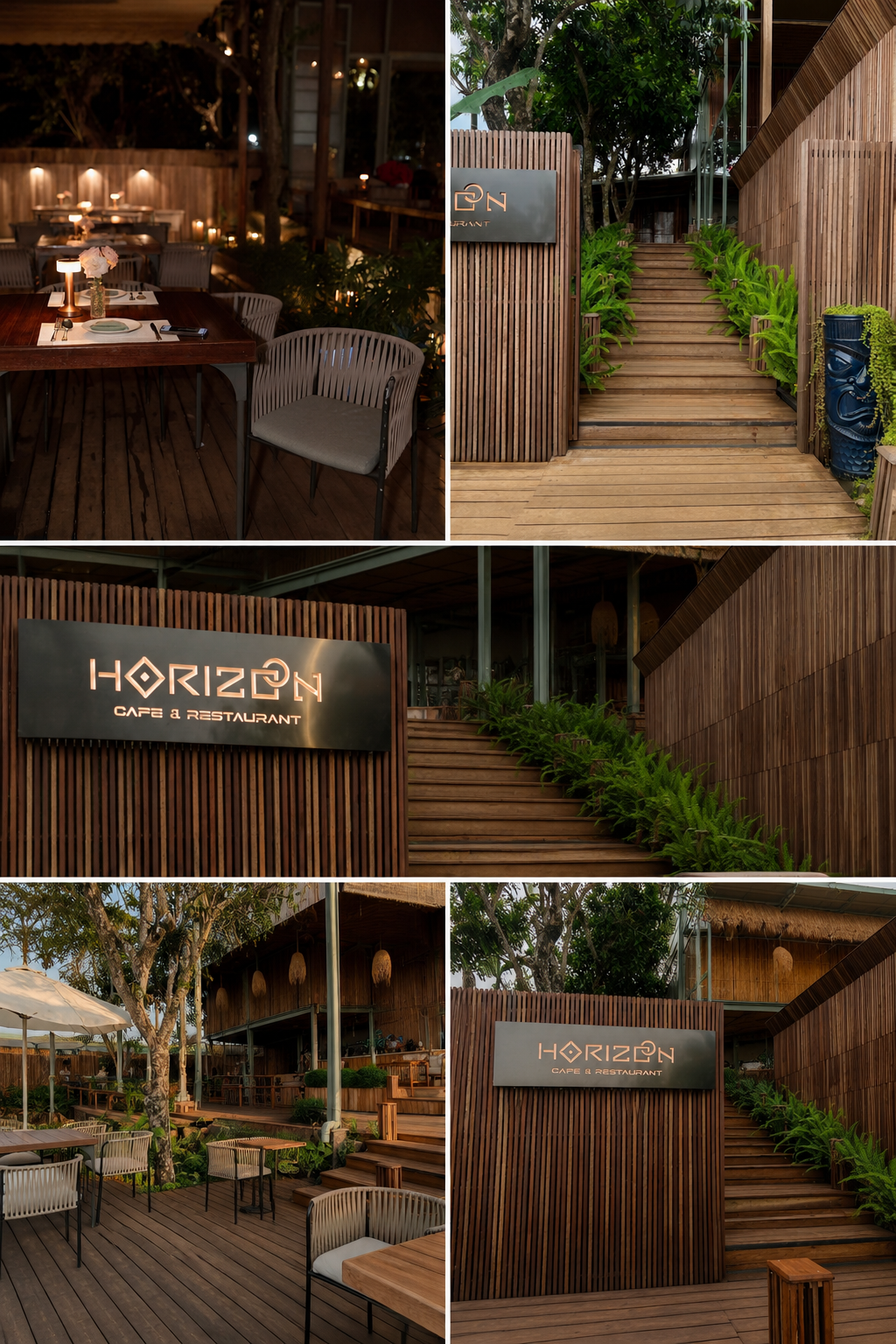 Lối vào Horizon với bảng hiệu gỗ và lối cầu thang đặc trưng